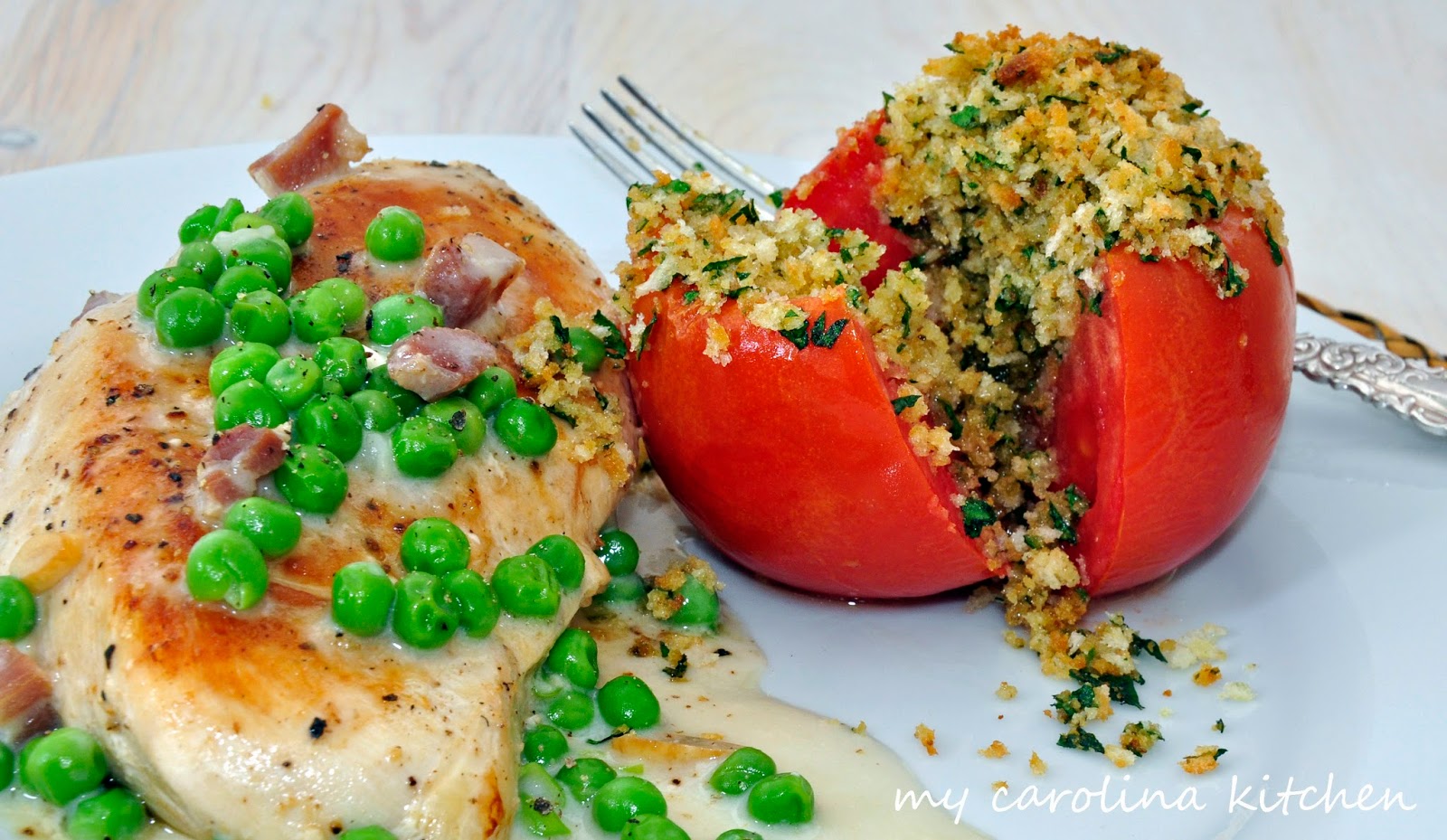 My Carolina Kitchen Chicken Breasts with Pancetta Cream and Peas