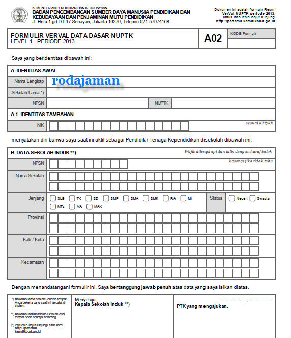 contoh formulir a01 a02 a03 a04 surat aktivasi akun dan tanda form ptk 1