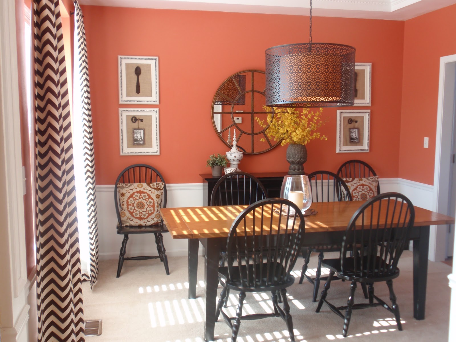 were painted a rich terra-cotta, and brown and cream chevron curtains ...