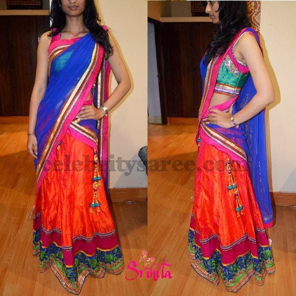 Srihita's Orange Printed Silk Half Sari