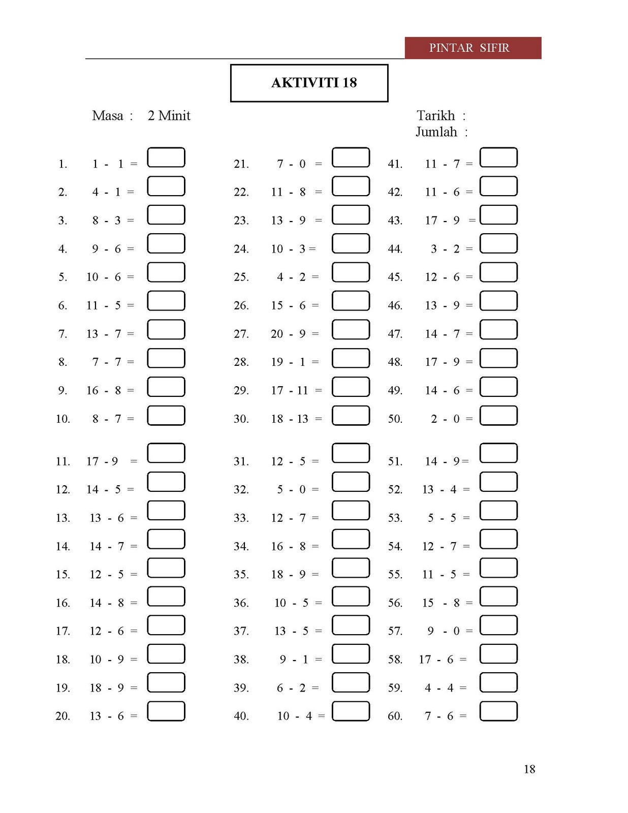 Lembaran Kerja Latihan Matematik Tahun 1 Operasi Tambah