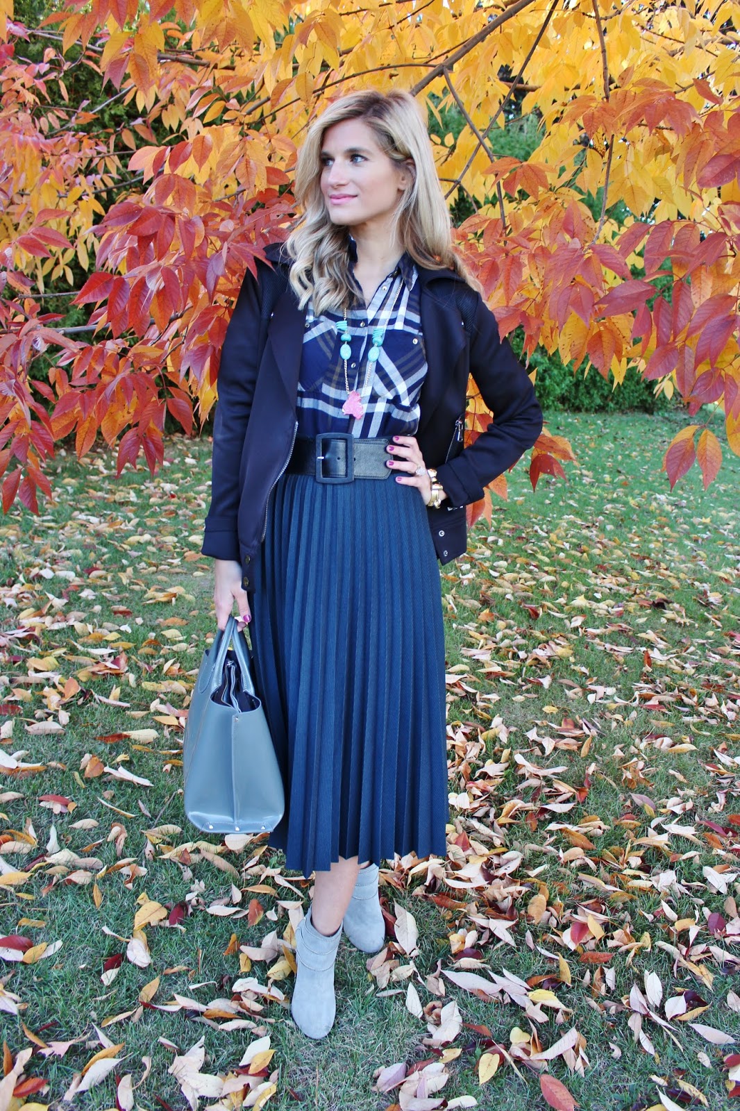 bijuleni- midi skirt, plaid blouse and jacket. Chicnbold necklace