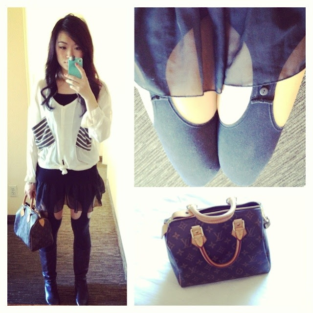 shopping in LA outfit of the day, suspender leggings, luis vuitton speedy 25 purse