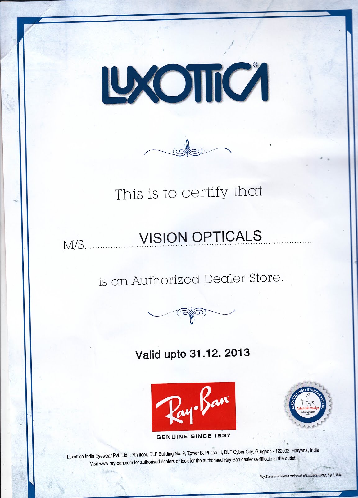RAY BAN AUTHORISED DEALER CERTIFICATE