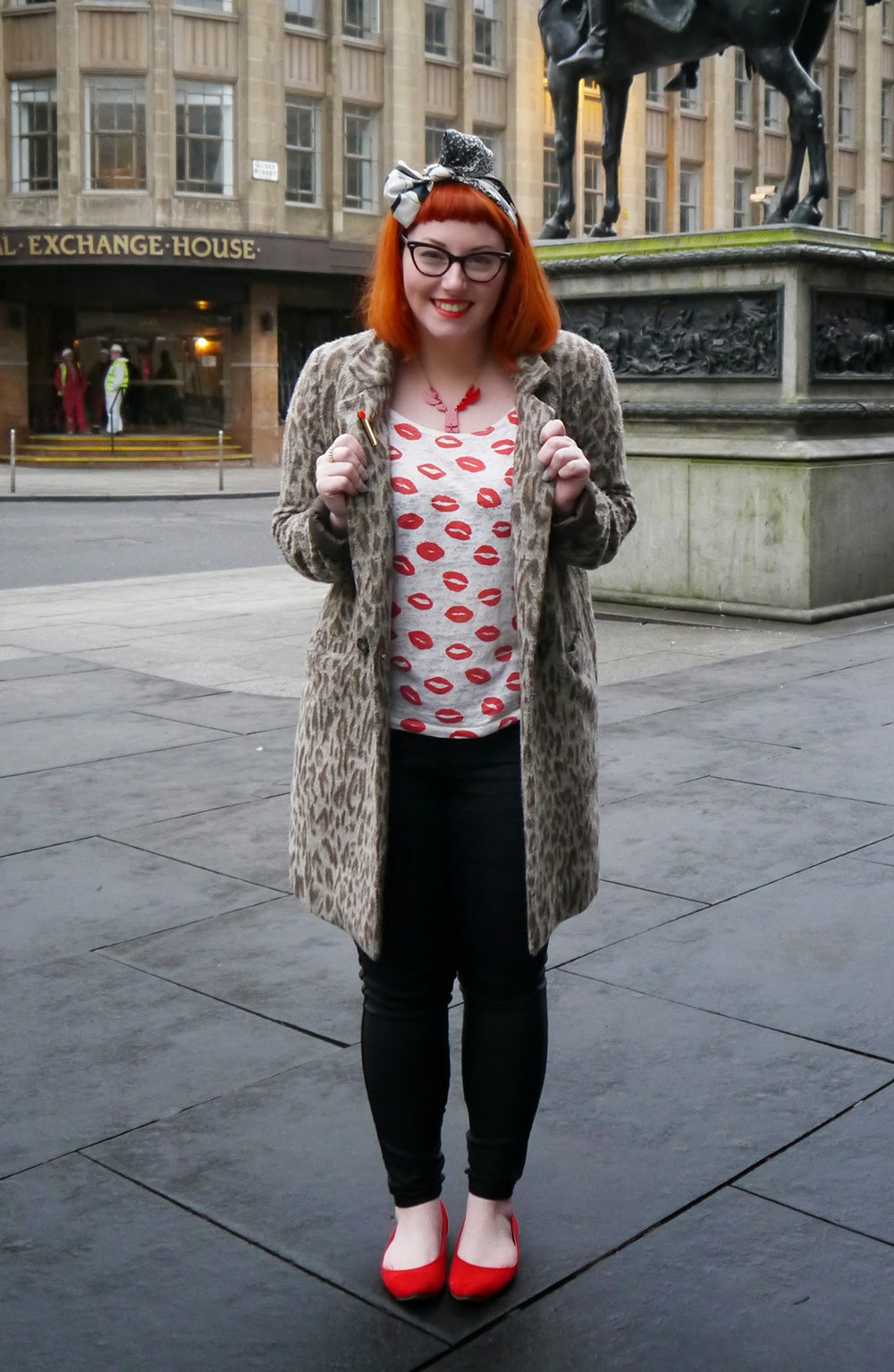 Karen Mabon Penguin Scarf, Hair Bow. Scottish Blogger, Glasgow, cat eye glasses, ginger hair, hair accessory, Monki lip print top, leopard print coat warehouse, black skinny jeans, red shoes, Lou Taylor Match Brooch, Tatty Devine Lobster Necklace