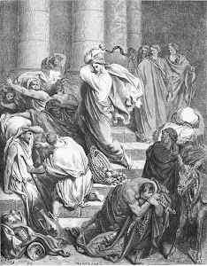 Jesus driving moneychangers & merchants from the Temple.