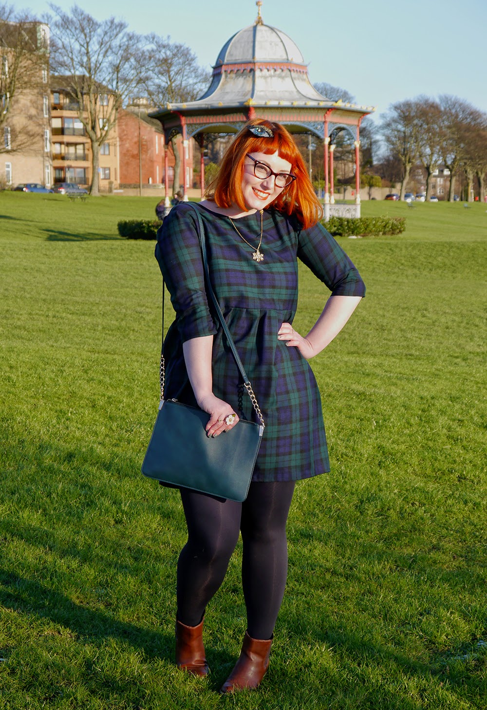 Scottish blogger, winter outfit, Luna on the Moon eye, Bonnie Bling snowflake necklace, Handknitted circle scarf, Vintage Style Me tartan dress, Zara brown ankle boots, Accessorize clutch bag, Red head, ginger, winter sun 