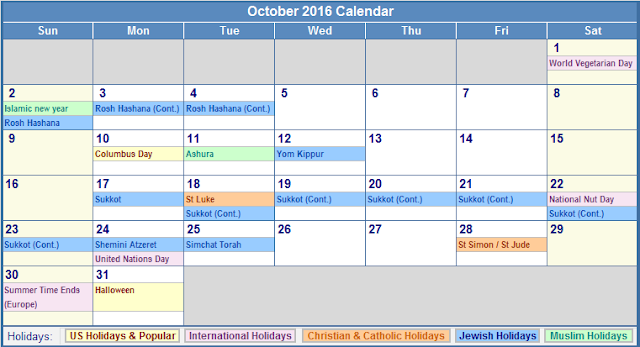 October 2016 Calendar with US Holidays Free, October 2016 Printable Calendar Cute Word Excel PDF Template Download Monthly, October 2016 Blank Calendar Weekly