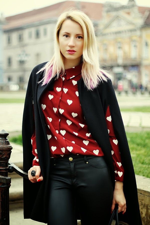 heart print shirt Massimo Dutti cape H&M leather pants