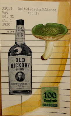 ethics old vintage hickory bourbon bottle ad Third Reich postage stamp mushroom fungus library card Dada Fluxus mail art collage 