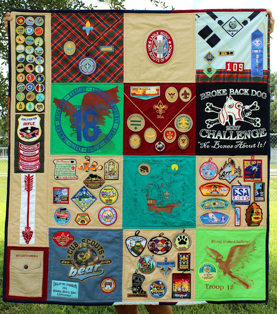 Boy Scout memory Quilt, given at Eagle Scout ceremony, great way to display saved scouting memorabili, pins, uniforms, and badges