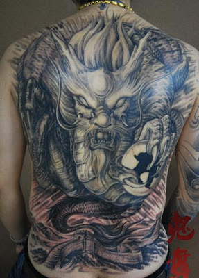 full back tattoo with Chinese dragon and great wall