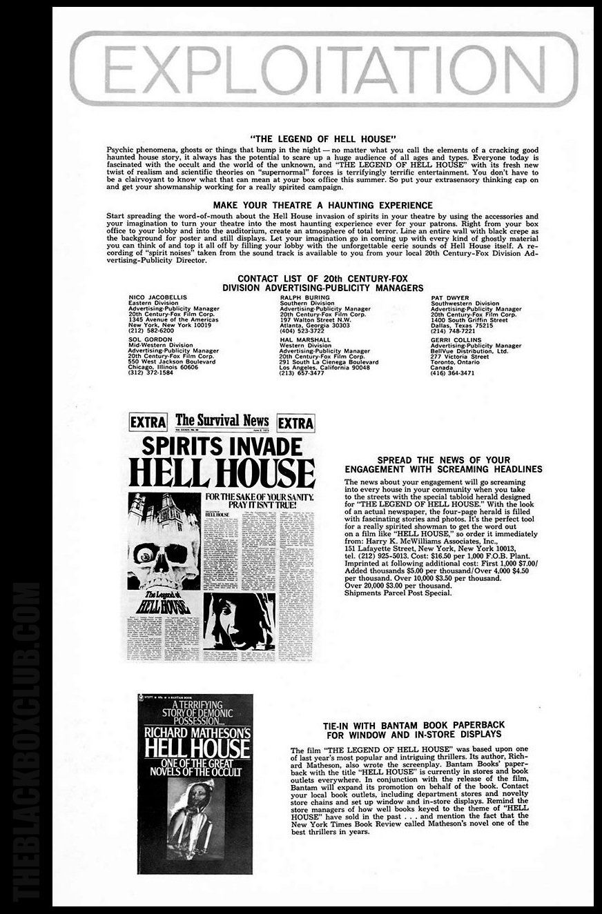 The Black Box Club PRESS BOOK 'THE LEGEND OF HELL HOUSE' (1973) RODDY