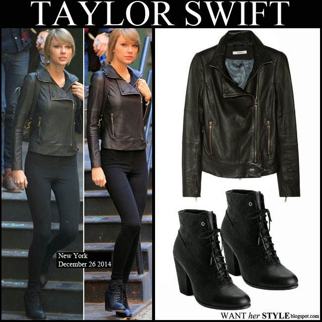 What She Wore Taylor Swift In Black Leather Biker Jacket With Taylor Swift In Black Leather Biker J Brand Karle Jacket With Lace Up Ankle Miles