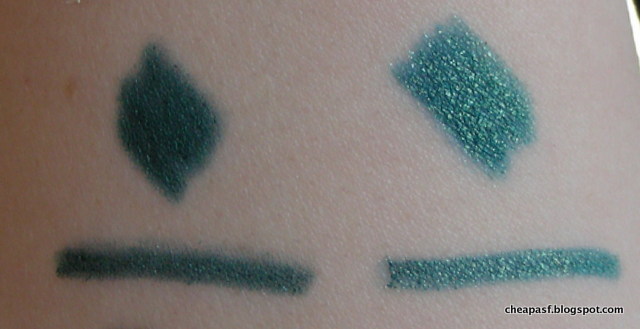 Comparison swatches of ULTA Gel Eye Liner Pencil in Peacock, and Revlon Grow Luscious Lash Liner in Emerald.