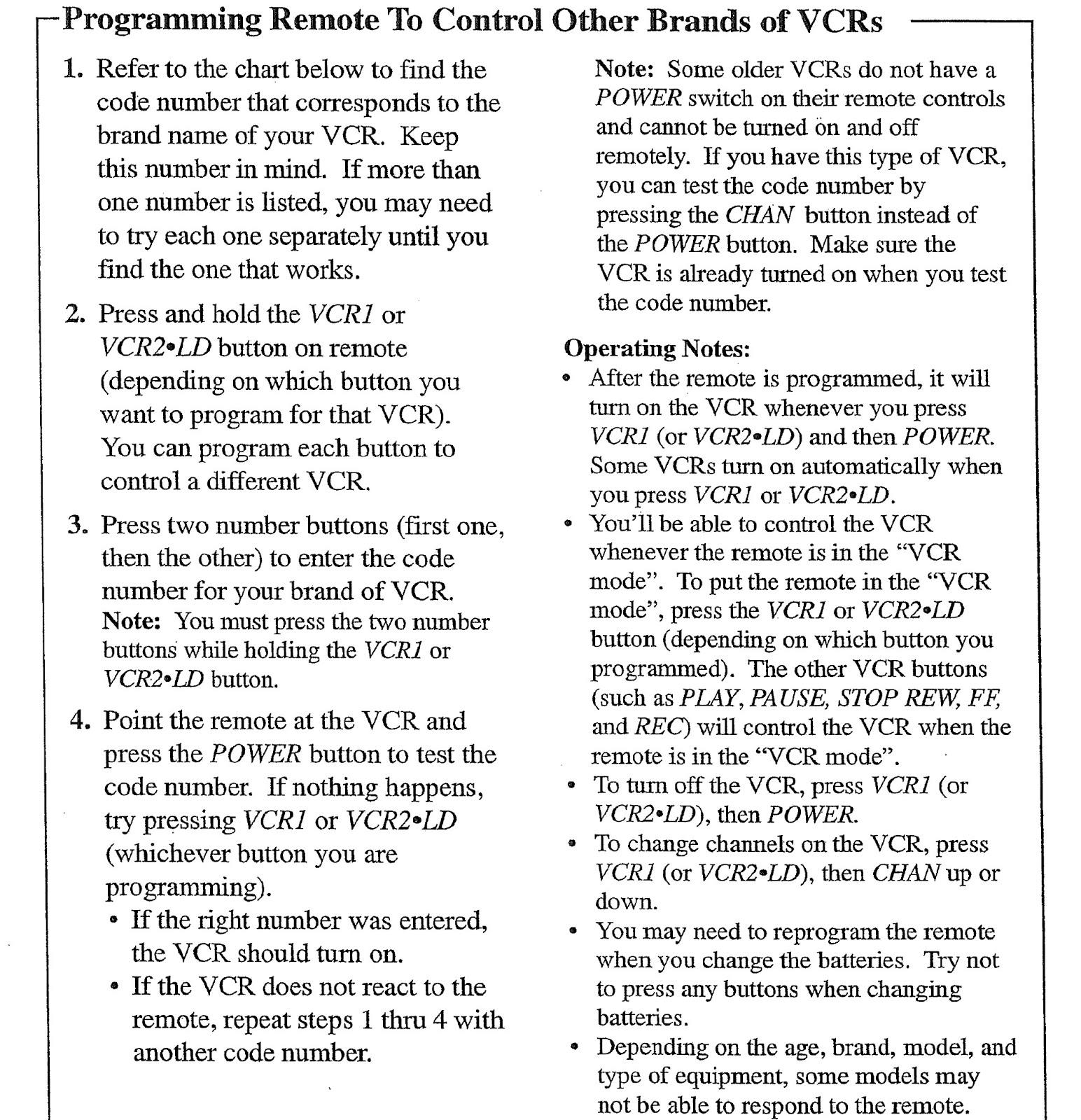 RCA 225839 - UNIVERSAL REMOTE CONTROL - SETUP CODE LIST - SETUP