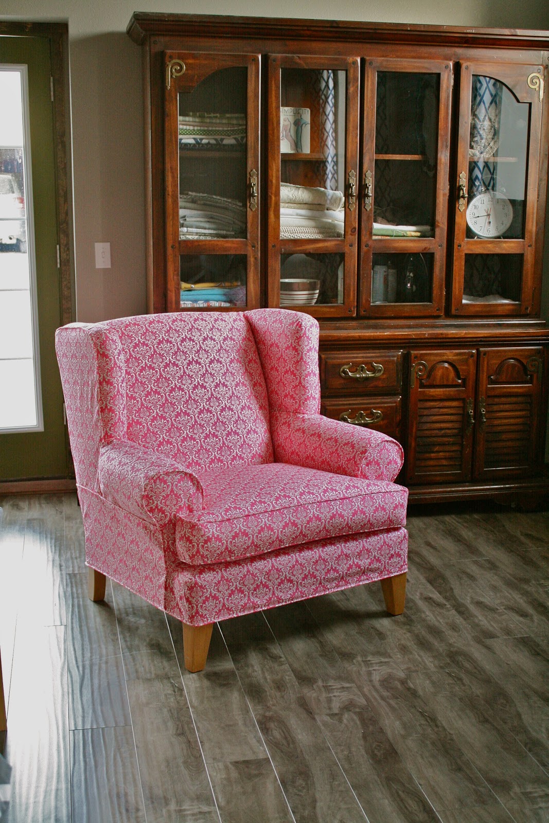 Custom Slipcovers by Shelley Pink Damask Wingback