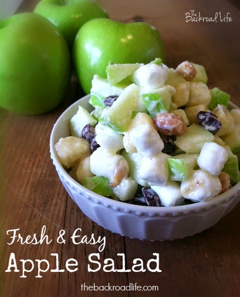 Quick and easy apple salad recipe. Great for simple servings or for large family meals. Fresh apple salad using apples, raisins, bananas, marshmallows, peanuts, and Miracle Whip.