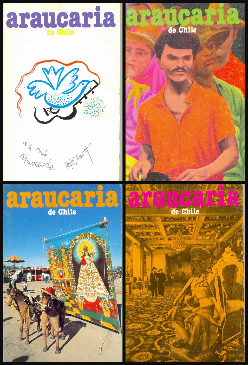 COUVERTURES DES REVUES « ARAUCARIA DE CHILE » : Nº 40, DESSIN RAFAEL ALBERTI; N° 41 PEINTURE GONTRÁN NETTO. ; N° 42, PHOTO DE RODRIGO ROJAS. ; N° 45, COLLAGE DE DIEGO DE LA HORCA;