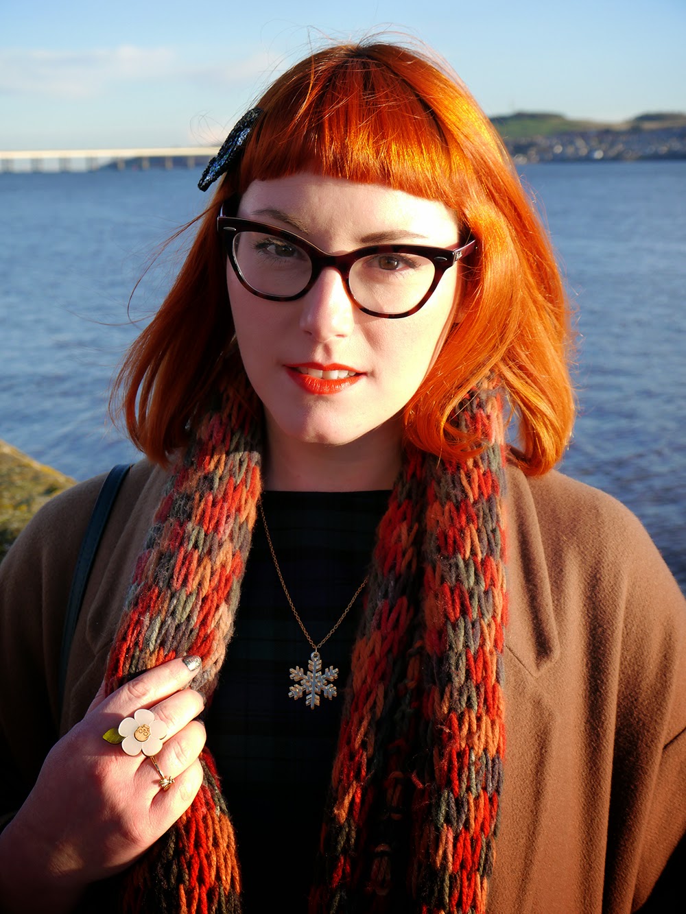 Helen's Winter Warmers Scottish blogger, winter outfit, Luna on the Moon eye, Bonnie Bling snowflake necklace, Handknitted circle scarf, Vintage Style Me tartan dress, Zara brown ankle boots, Accessorize clutch bag, Red head, ginger, winter sun