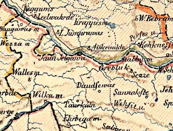Jaunjelgavas apriņķa 1859. gada karte, kurā redzams, ka tad Mežmuižu sauca par Wilka muižu