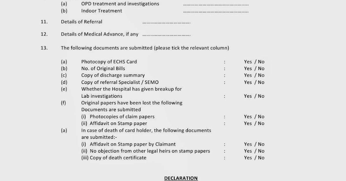 Form for Reimbursement of Medical claims of ECHS Beneficiaries