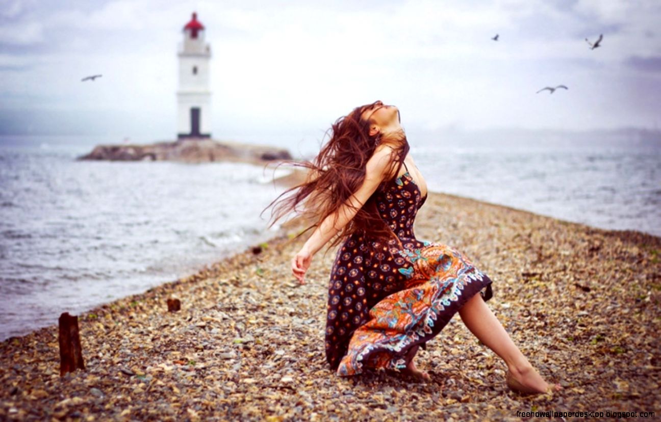 mood the lighthouse the girl on the beach birds hd wallpaper