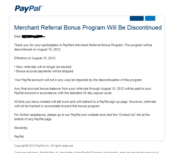 Program referral bonus Paypal berakhir