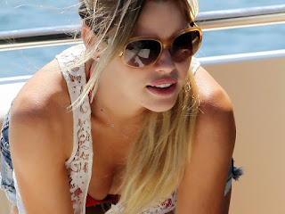 Sophie Monk cameltoe pokies hard nipple cleavage in bikini photoshoot on a boat in Los Angeles