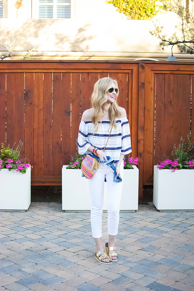 off the shoulder top with white denim