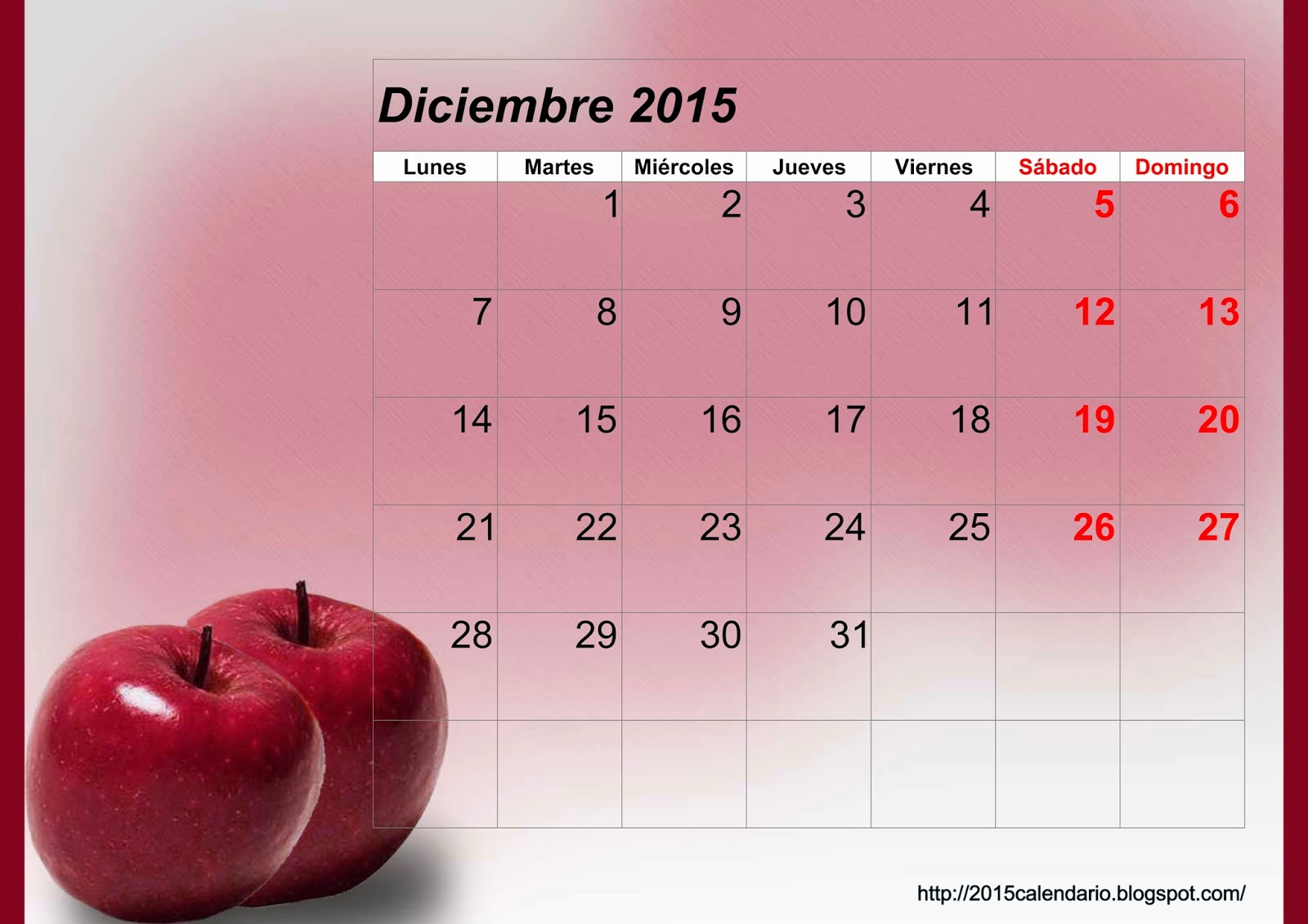 calendario diciembre 2015 para imprimir