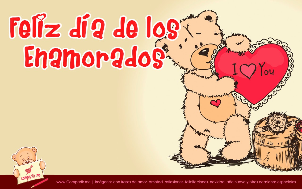 Tarjeta para enamorados: Linda tarjeta con fondo de dibujo de oso, acompañada de mensaje para el 14 de febrero: "Feliz día de los Enamorados. I love you Las 10 mejores imágenes con frases por el día de los enamorados 14 de febrero 2014