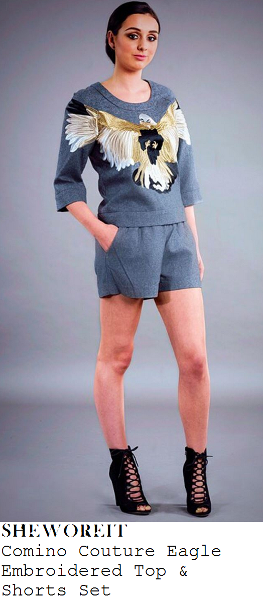 chloe-sims-grey-embroidered-eagle-top-and-shorts-this-morning