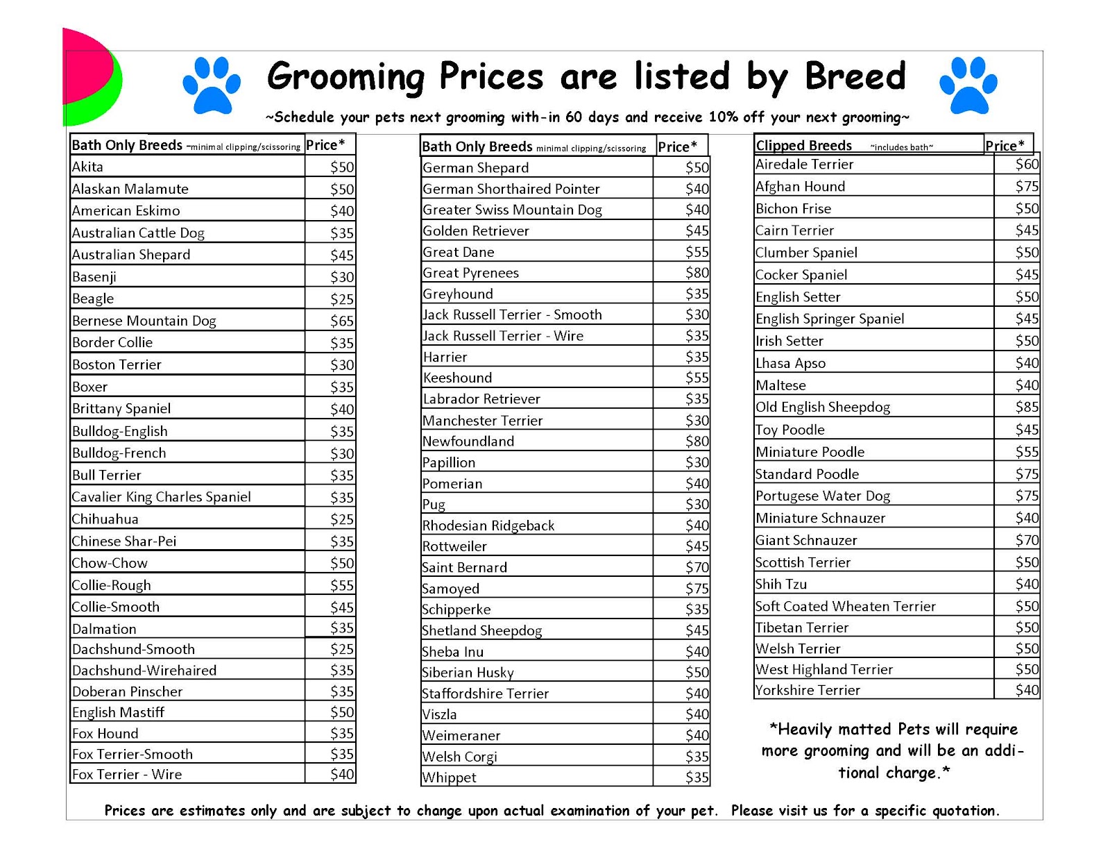 The Paw Spa Price List