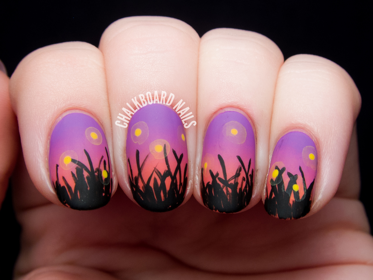 Fireflies at sunset nail art by @chalkboardnails