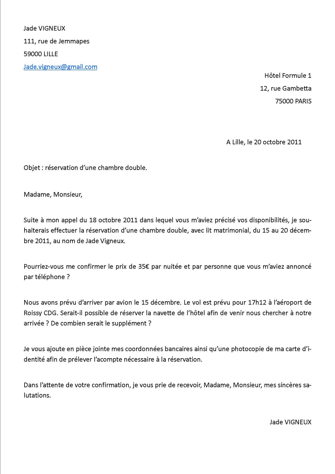 lettre de reservation hotel