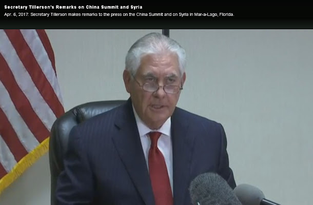 美國國務院提勒森(Rex Wayne Tillerson)在記者會上,說明對敍利亞的單邊行動。 美國國務院提勒森(Rex Wayne Tillerson)在記者會上,說明對敍利亞的單邊行動。