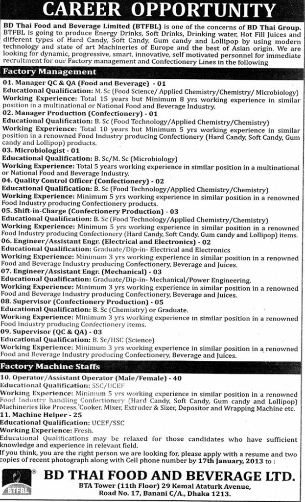 Jobs Circular: BD Thai Food and Beverage Ltd |Manager, Engineer