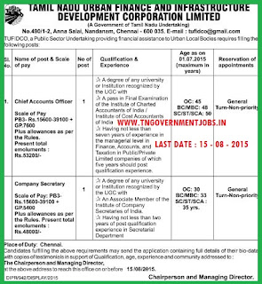 Applications are invited for the post of Chief Accounts Officer and Company Secretary vacancy in Tamil Nadu Urban Finance and Infrastructure Development Corporation Ltd (TUFIDCO) Chennai under direct recruitment process.