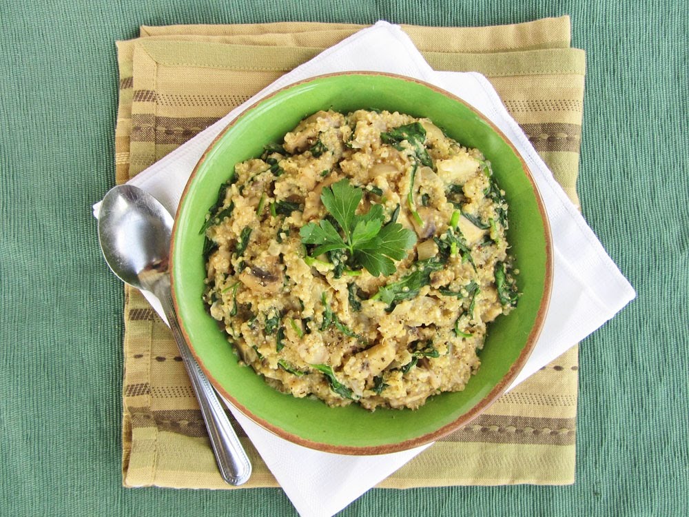 quinoa risotto with mushrooms, spinach, and goat cheese