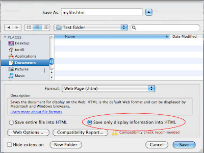 Screen shot of the Save as Web Page dialog in Office 2011 for Mac