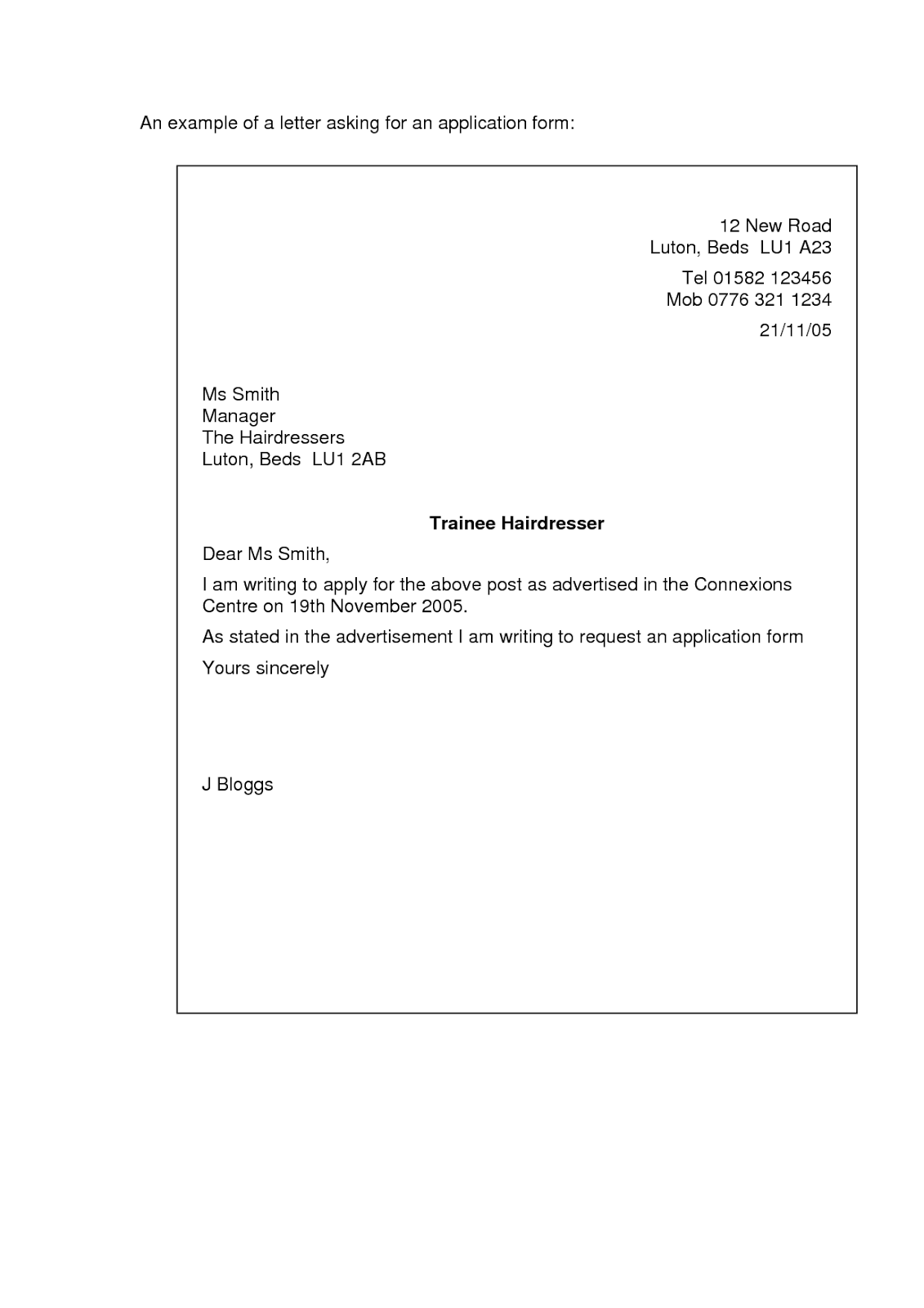 An application letter for a job an example