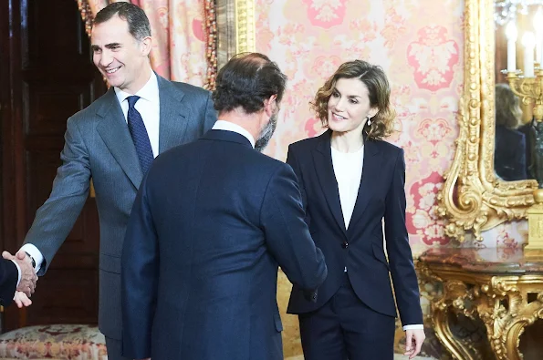 King Felipe of Spain and Queen Letizia of Spain attend meeting with Princesa de Girona Foundation at the Royal Palace