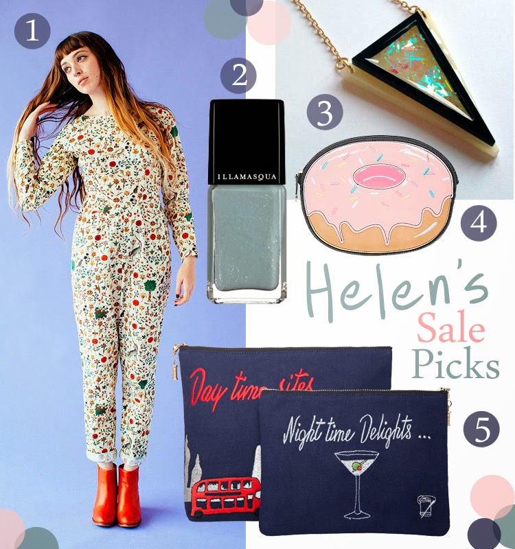 Bargains Glaore! - Helen's Sale Picks Sale picks, top sale bargains, Samantha Pleet printed jumpsuit, Illamasua raindrop nail polish, Katze Shop deco necklace, New Look Doughnut clutch bag, Sew Lomax day and night clutch bags