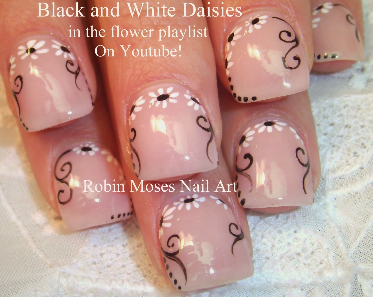 Robin Moses Nail Art Black and White Daisies on a Diagonal Chevron Tip