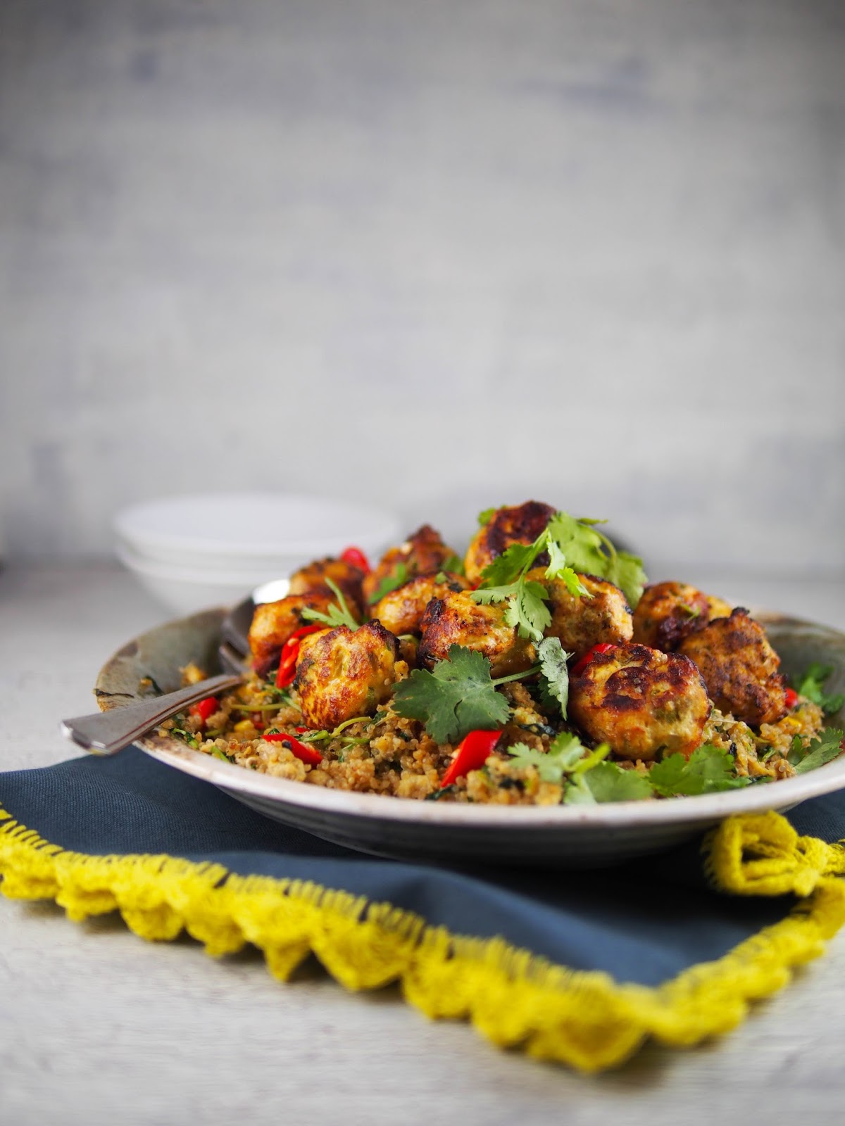Foodmanna Fried "rice" quinoa with sweet corn, pea shoots and chicken