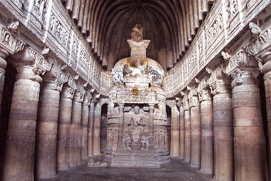 Idol of buddha and pillars  The Ajanta Caves