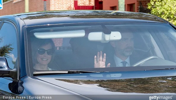 King Felipe VI of Spain and Queen Letizia of Spain are seen arriving at their children school to attend Princess Leonor's first confession some days before her First Communion on April 29, 2015 in Madrid, Spain.