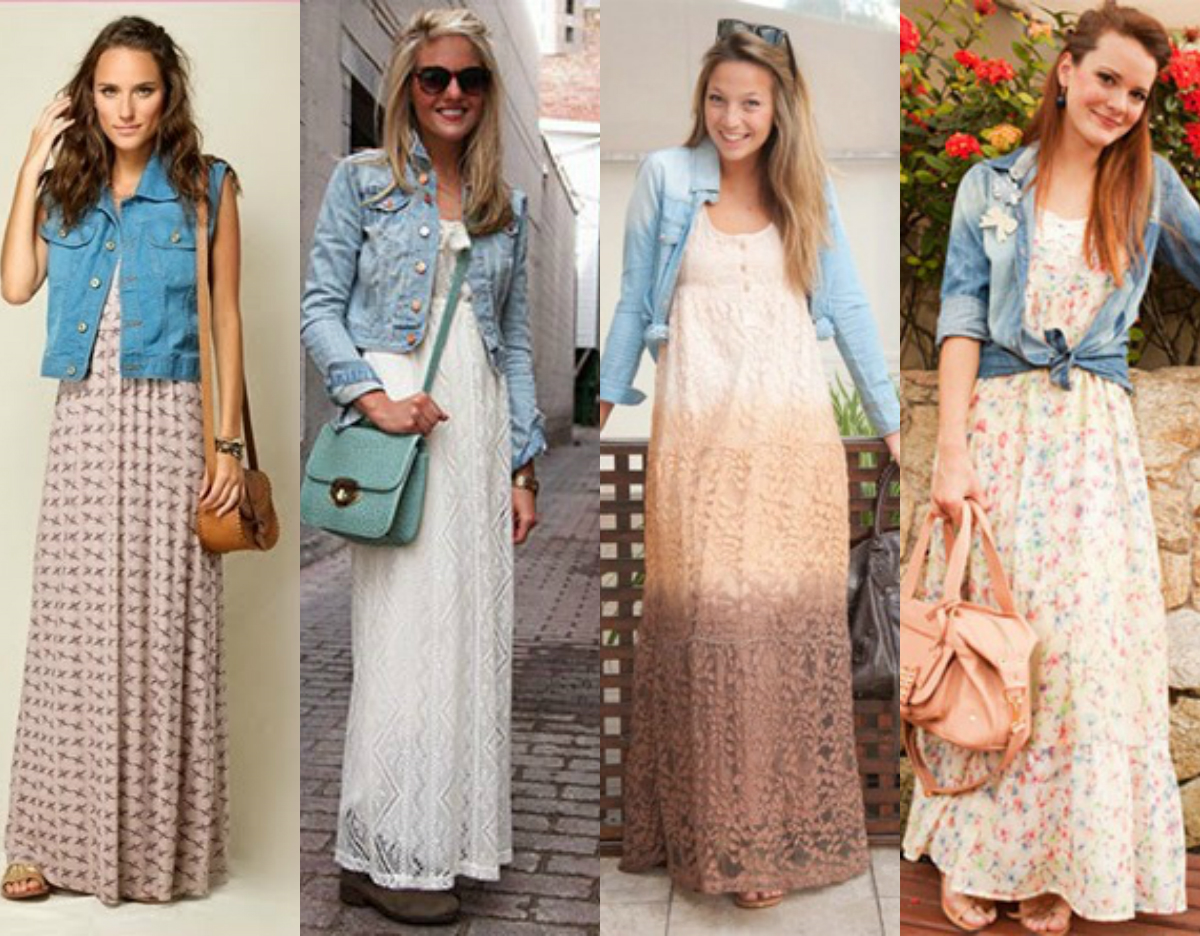 vestido longo com casaco jeans