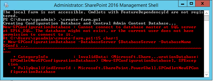 New-SPConfigurationDatabase : Cannot connect to database master at SQL server at SP16_SQL. The database might not exist, or the current user does not have permission to connect to it.